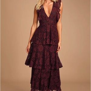 Lulus, Burgundy Lace Ruffled Tiered Sleeveless Maxi Dress!
